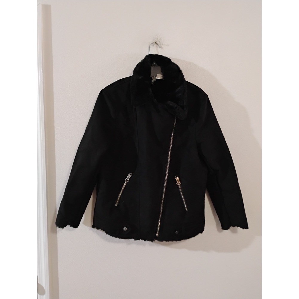 HM Divided Womens Black Faux Suede Fur Lined Moto Biker Jacket Size 8